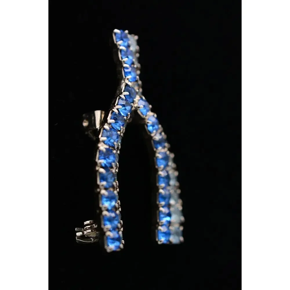Vintage Wishbone Pin Brooch Blue Rhinestone Crystal Silver Tone Prong 80s BinAT